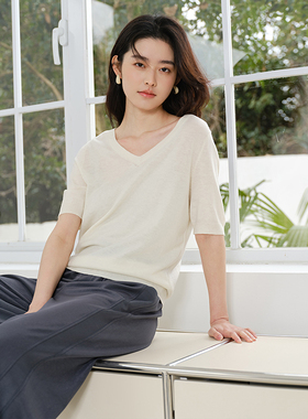 思诺芙德羊毛T恤女26春夏新款V圆领薄上衣短袖宽松气质双面针织衫