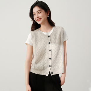 思诺芙德圆领绞花100%山羊绒马甲开衫 针织背心25秋冬 女菱格无袖