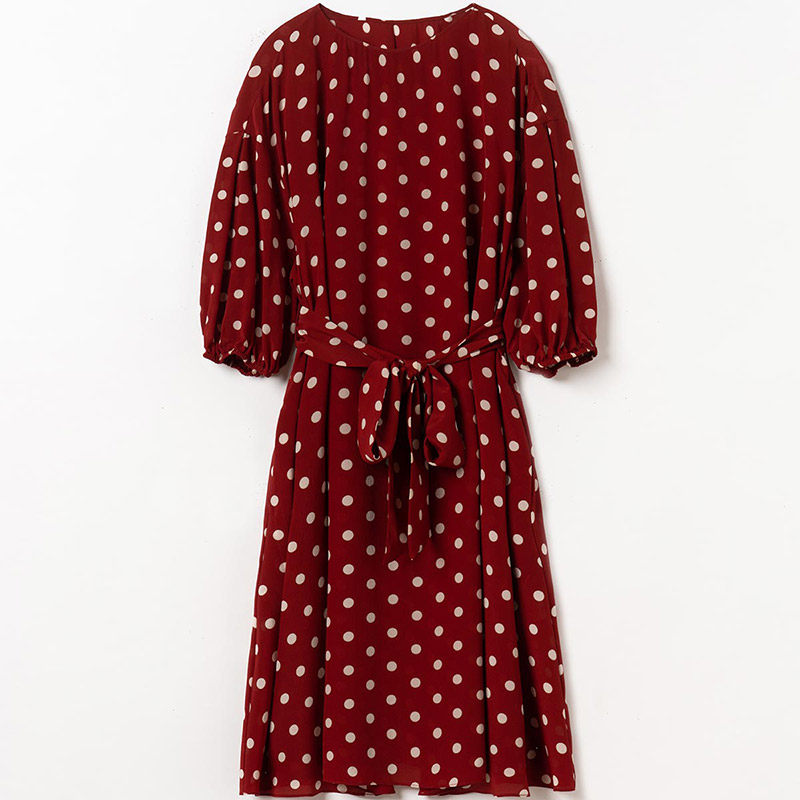 思诺芙德复古波点桑蚕丝连衣裙女26夏季系带中长款酒红色圆领裙