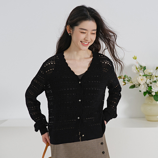 思诺芙德镂空网罩衫25春夏新款V领外搭黑色针织开衫宽松羊毛衫女