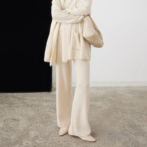 思诺芙德高腰休闲竖条羊绒裤女