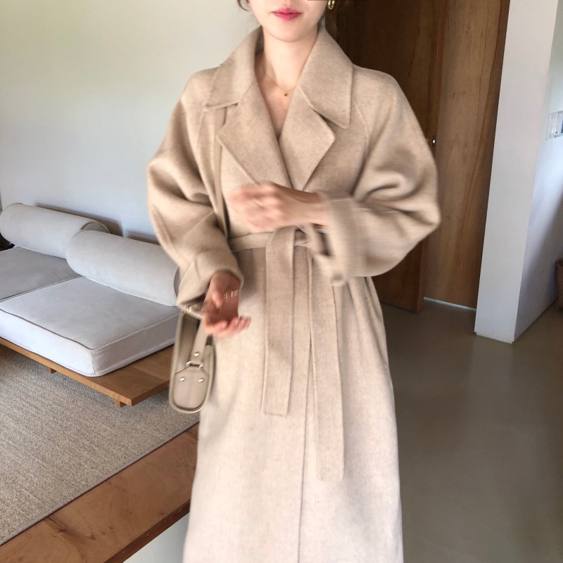 韩系ins法式优雅复古气质手工仿羊绒毛呢大衣长款呢子外套女