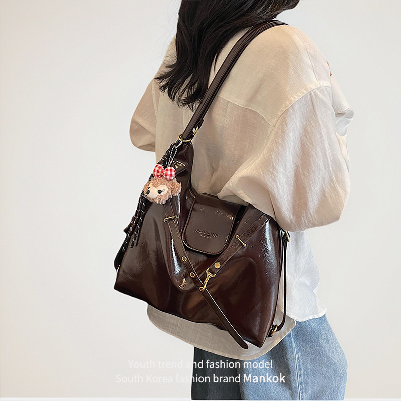 Mankok复古慵懒风双肩背包女2025新款大学生书包大容量单肩腋下包,箱包皮具/热销女包/男包,通用款女包,淘宝优惠券,粉丝福利购,淘宝优惠卷