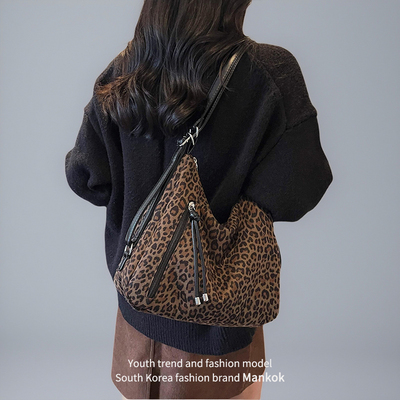 Mankok时尚复古双肩包女2025新款大容量豹纹托特包上班通勤单肩包