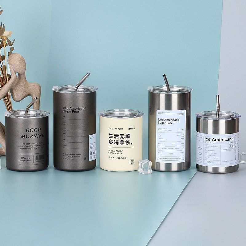 杯冰美式直身双层便携真空304跨境不锈钢吸管咖啡杯保温杯带家用