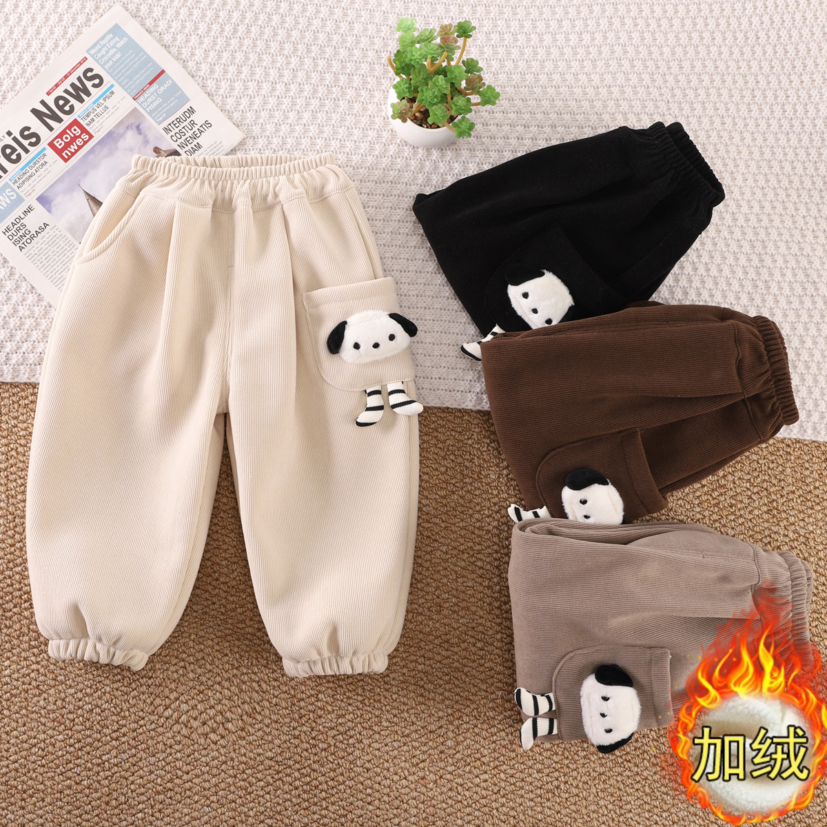 儿童加绒裤子冬装新品男宝宝卡通一体绒休闲裤女童洋气卫裤加厚潮