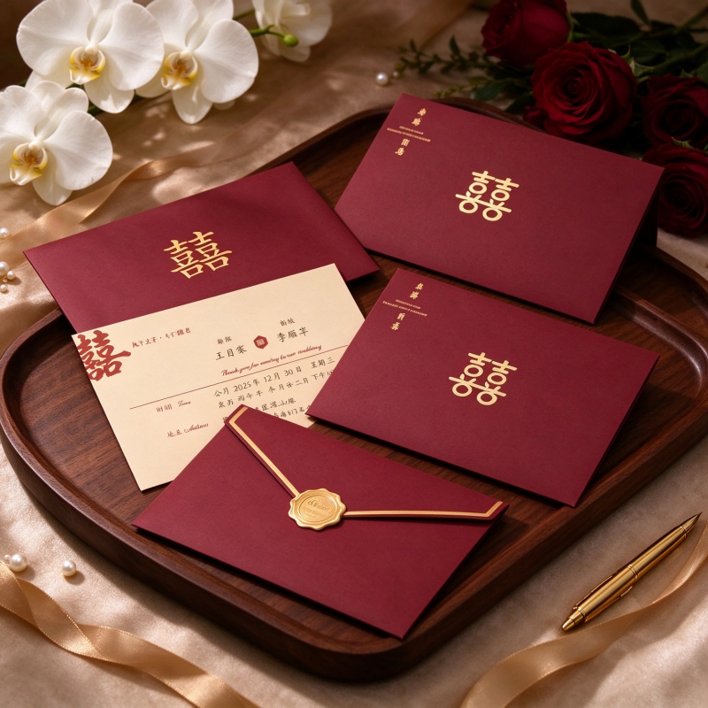 请柬请帖婚礼定制高档信封式打印邀请函新中式风结婚双囍红色喜帖