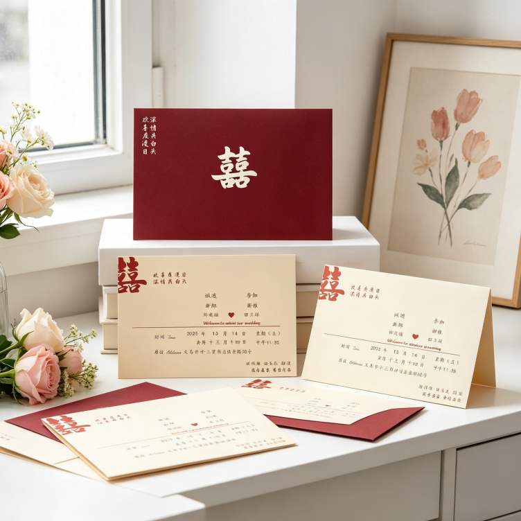 新中式风高档请帖邀请函结婚定制打印双囍红色请柬信封式婚礼喜帖