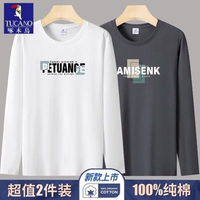 啄木鸟2025春秋新款长袖T恤男士宽松百搭青年学生潮ins上衣打底衫