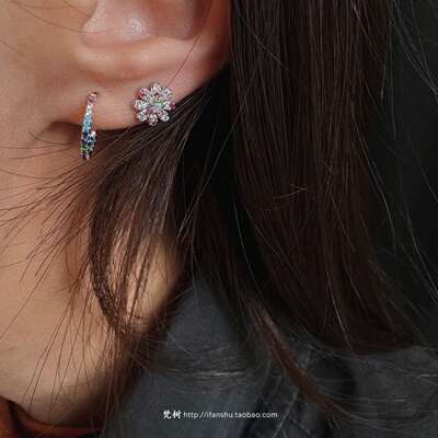 S925彩色锆石排钻碎钻花花耳钉