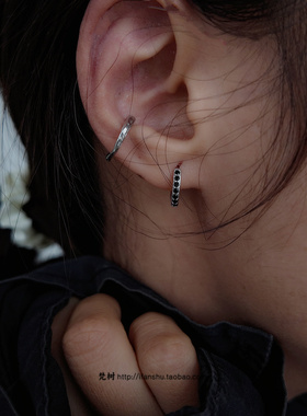 梵树For handmade-《黑梦》S925银 日常黑色排钻 肌理耳夹组合