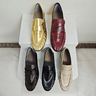 复古百搭鳗鱼皮乐福鞋女2024秋冬新款圆头褶皱真皮低跟单鞋小皮鞋