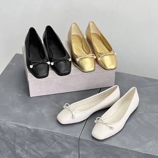 法式仙女风蝴蝶结平底单鞋百搭休闲真皮浅口方头芭蕾舞奶奶鞋女