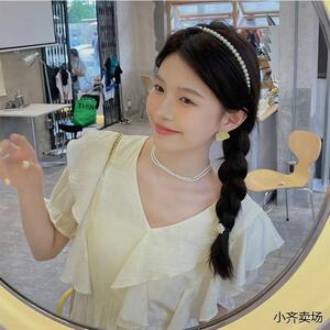 2024夏季新款连衣裙木耳边拼接V领显瘦初恋仙女裙in甜美泡泡袖