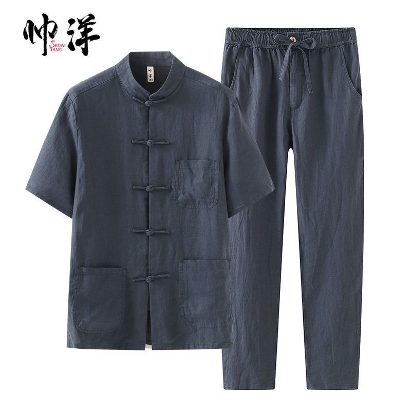 亚麻唐装男夏季套装中国风复古青年薄款纯色改良休闲盘扣汉服纯色