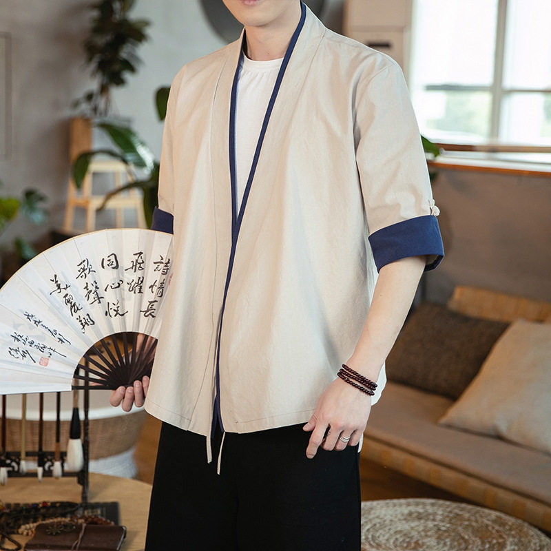 夏季汉服男五分袖短款风衣民族风