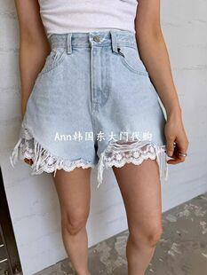 韩国东大门2026年夏季新款洋气高腰显瘦短裤蕾丝拼接设计感牛仔裤