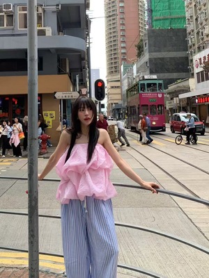韩国东大门2025夏季甜美风温柔性感荷叶边蓬蓬抹胸褶皱设计感上衣