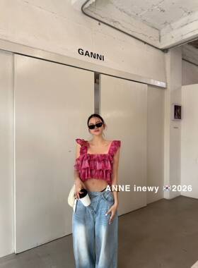 纯欲风方领飞飞袖小衫超高腰短款
