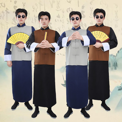 民国风长袍马褂管家老爷装大褂演出服掌柜长衫课本剧道具演出服装