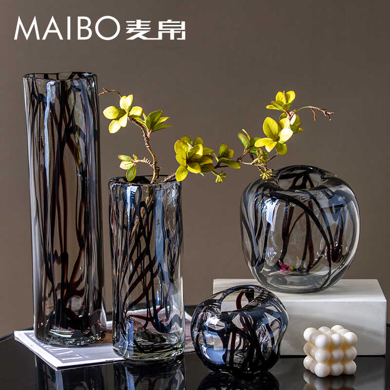 简约现代黑色条纹透明玻璃花瓶家居室内桌面水培插花花器摆件