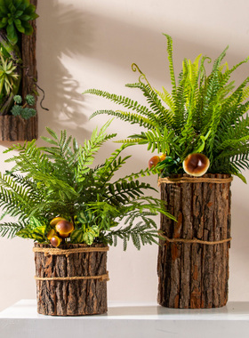 北欧仿真植物木桩花盆装饰摆件