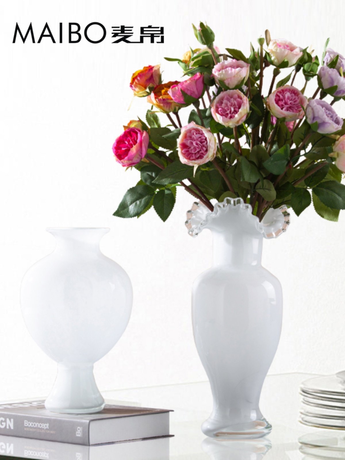 新中式几何白色琉璃艺术花瓶家居室内电视柜餐桌插花精美装饰品