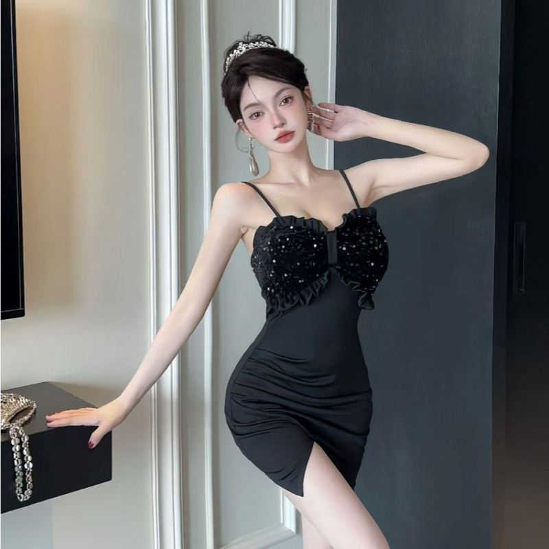 夜店性感女装9533低胸亮片拼接吊带连衣裙气质修身不规则礼服