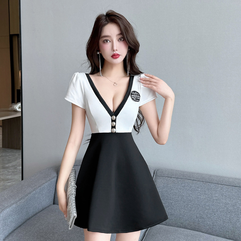 跨境外贸女装东南亚性感深v低胸撞色短袖制服大摆连衣裙2945