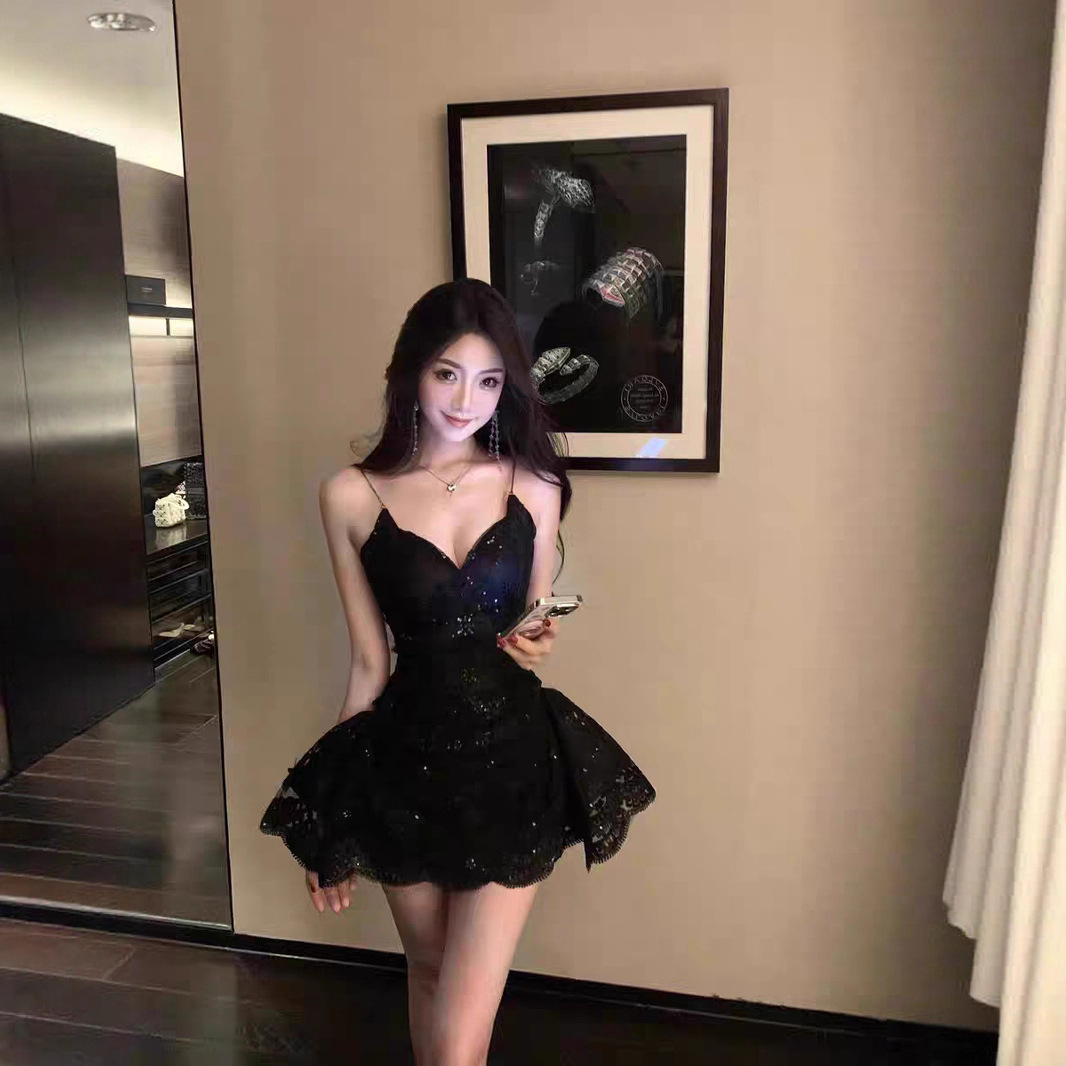 法式重工蕾丝刺绣性感吊带连衣裙女设计感收腰公主蓬蓬裙TZ6684