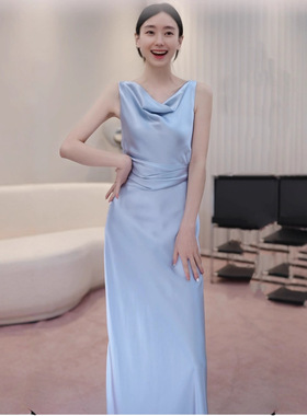 法式轻奢荡领缎面蓝色连衣裙女高级感气质褶皱收腰礼服TZ6796