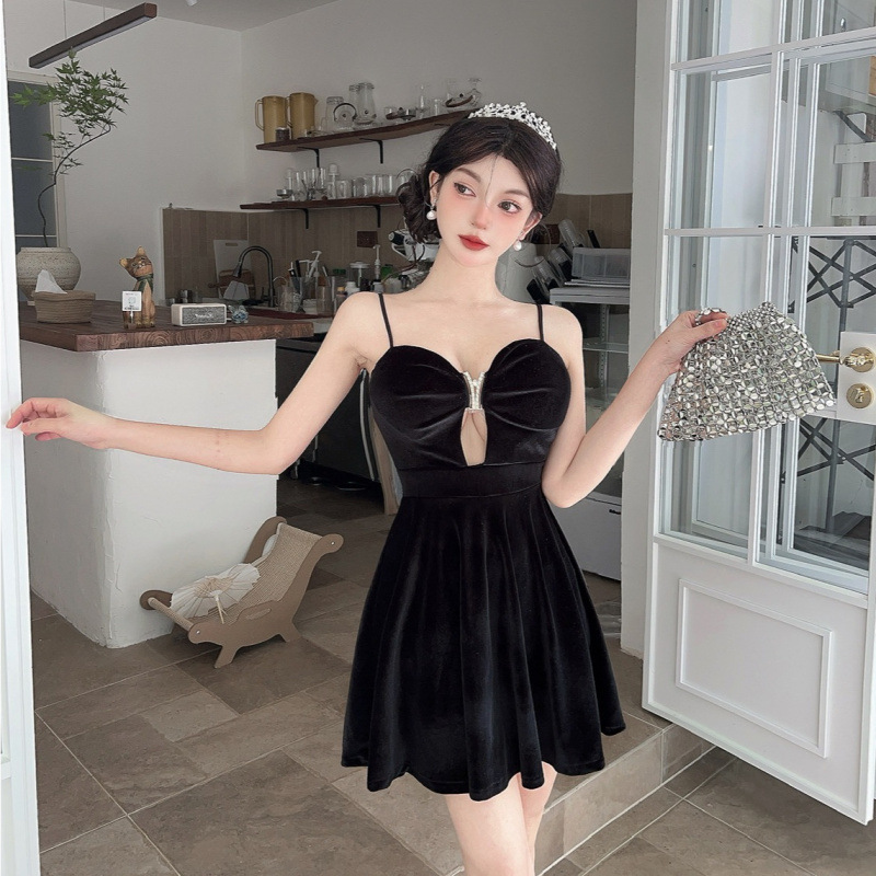 性感9649金丝绒吊带连衣裙收腰镂空大摆a字裙夜总会名媛工作服女