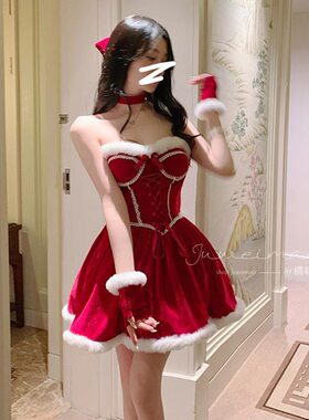 圣诞装红色丝绒圣诞节日服饰cos派对约会乖乖兔毛绒服情感套装