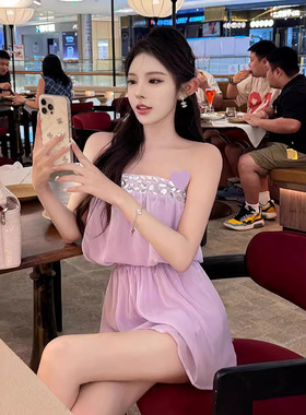 紫色一字领抹胸连衣裙女装夏季新款法式气质甜美收腰短裙TZ4462