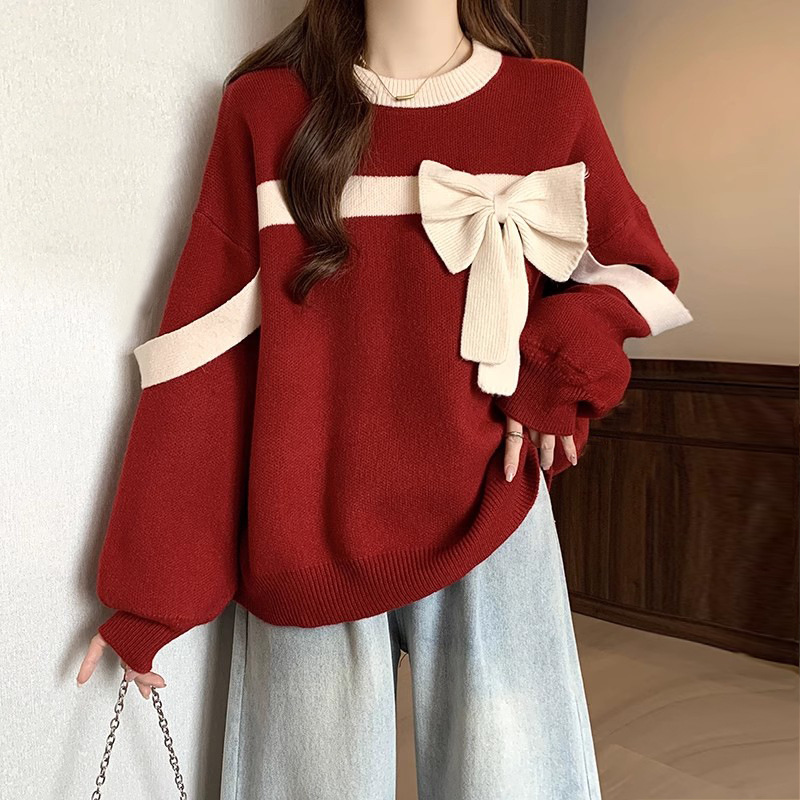 立体蝴蝶结红色正肩毛衣女秋冬大码胖mm过年圣诞氛围感针织衫