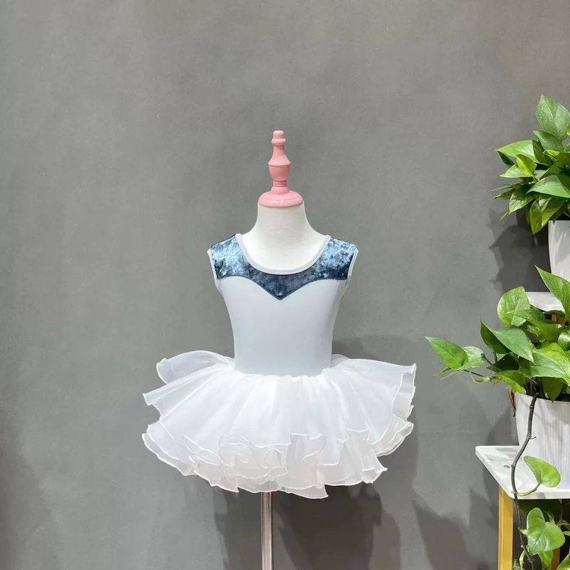 儿童夏季新款无袖连体服锦纶拼金钻绒民舞芭蕾练功服蓬蓬裙演出服