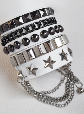 欧美潮男配饰柳钉手链腕套个性霸气皮手环女星星流苏手镯情侣一对