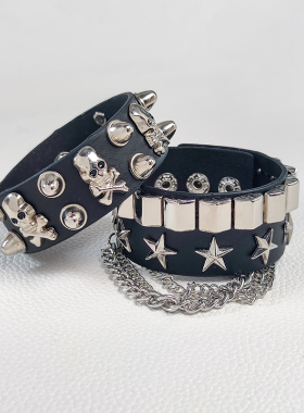 个性潮男手环朋克骷髅铆钉手链时尚星星宽手镯酷女孩街舞配饰手腕