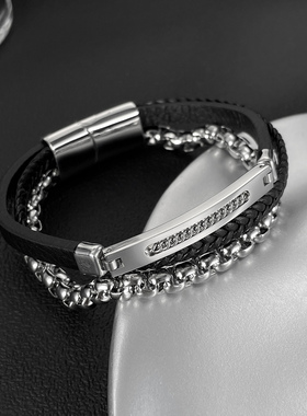 嘻哈多层手链男欧美个性简约光面金属皮手环时尚潮流编织皮绳手镯