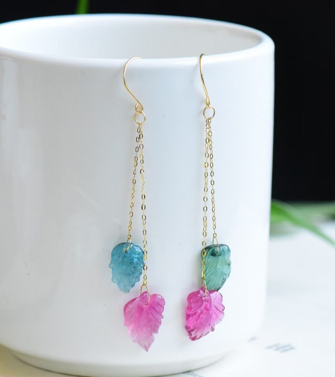 天然红蓝碧玺羽毛耳坠耳钩18k金镶嵌碧玺耳线女生日礼物妈节礼物