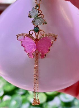 天然碧玺蝴蝶吊坠项链西瓜碧玺蝴蝶女生日礼物妈妈节礼物