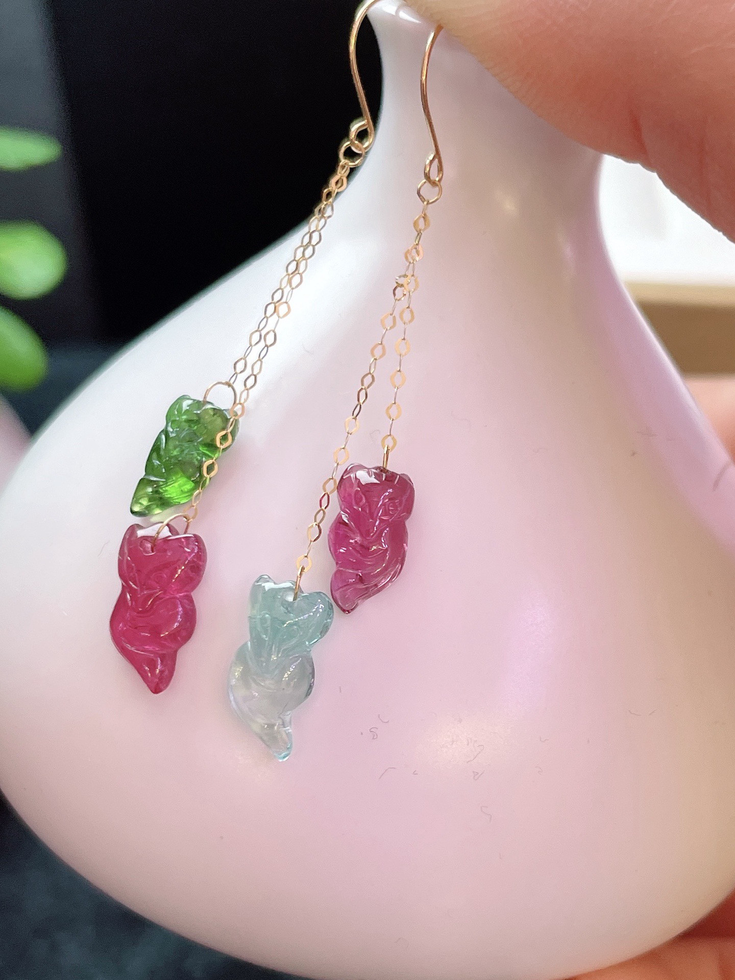 天然碧玺狐狸耳坠耳钩18k金镶嵌蓝碧玺狐狸女生日礼物妈妈节礼物