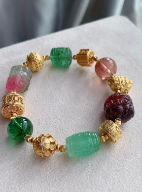 18k金原创碧玺多宝手链 碧玺象神回纹单休多宝搭配女生日妈妈礼物