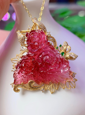 鸽血红碧玺牡丹花吊坠胸针两用款18k金镶嵌女生日礼物妈妈节礼物