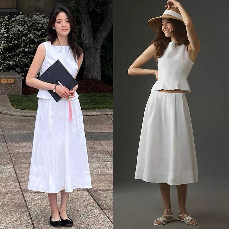 欧阳娜娜明星同款白色棉麻套装裙子女气质无袖收腰上衣半身裙长裙