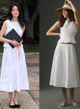 欧阳娜娜明星同款白色棉麻套装裙子女气质无袖收腰上衣半身裙长裙