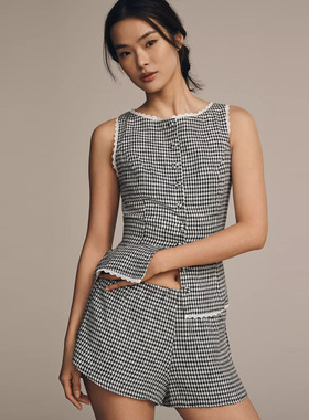 Reformation法式小众亚麻格子蕾丝花边无袖背心上衣马甲衬衫女夏