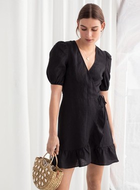 法式V领荷叶边棉麻白黑色连衣裙子小个子设计感茶歇裙钟楚曦同款