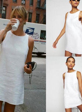 Ref法式小众亚麻简约白色无袖宽松通勤背心连衣裙女度假裙a字短裙