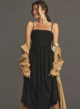 reformation褶皱抹胸吊带连衣裙子女夏季法式高端精致白黑色长裙